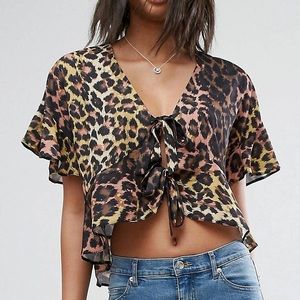 ASOS Tie Front Blouse with Frill Sleeve In Animal